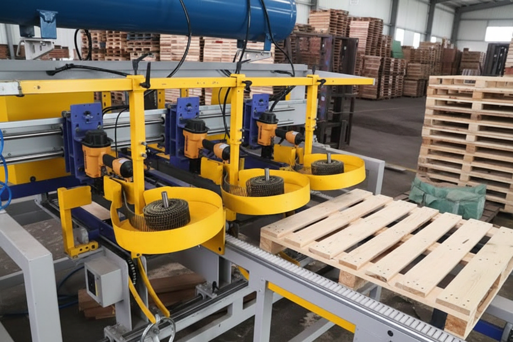 Pallet Manufacturing Machine with Pallets in Background